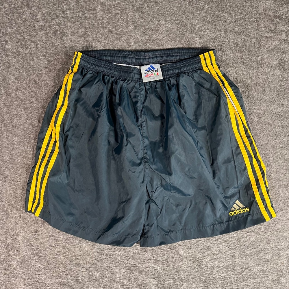 Vintage 90s Adidas Swim Trunks Nylon Athletic Shorts Navy Yellow Large RN88387
